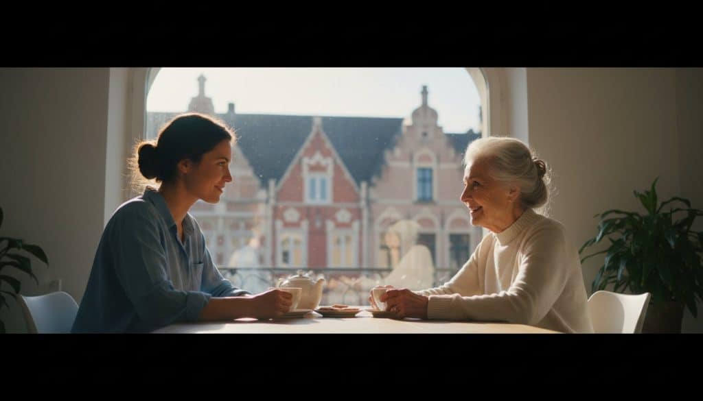 Zorgverlener zit aan de eettafel samen met haar vrouwelijke oudere zorgklant samen een kopje thee te drinken