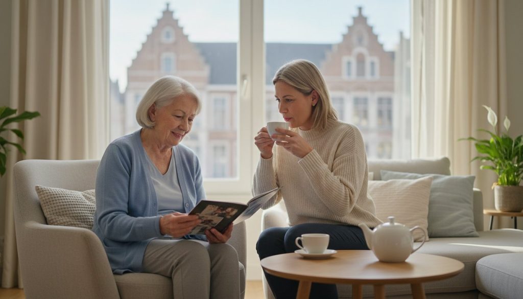 Oudere dame zit in haar stoel in een boek te bladeren terwijl haar zorgverlener naast haar zit haar hete kopje thee te blazen.