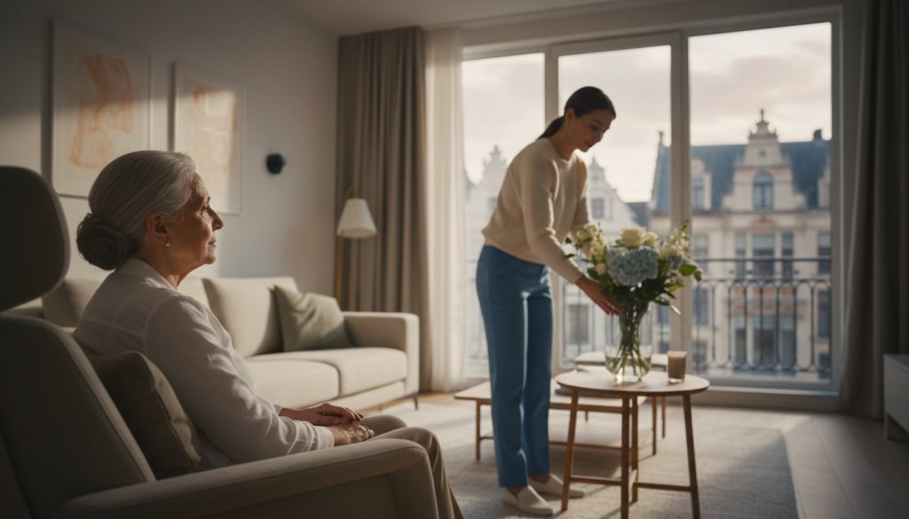 Oudere mevrouw zit op haar stoel naar buiten te kijken, terwijl haar zorgverlener een verse bos bloemen in een vaas op tafel zet