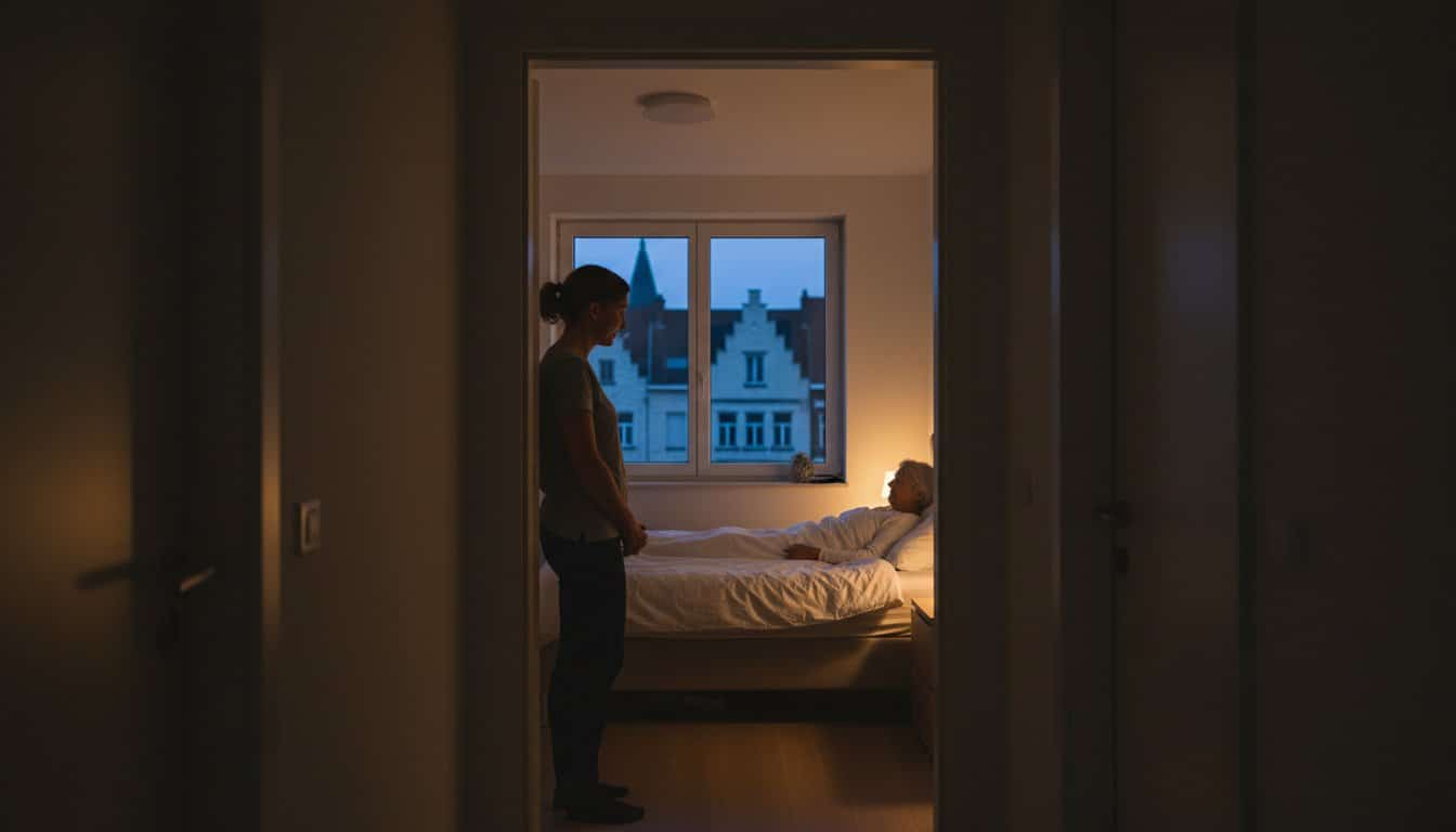 Oudere dame ligt in bed klaar om te slapen en haar zorgverlener waakt in de deuropening.
