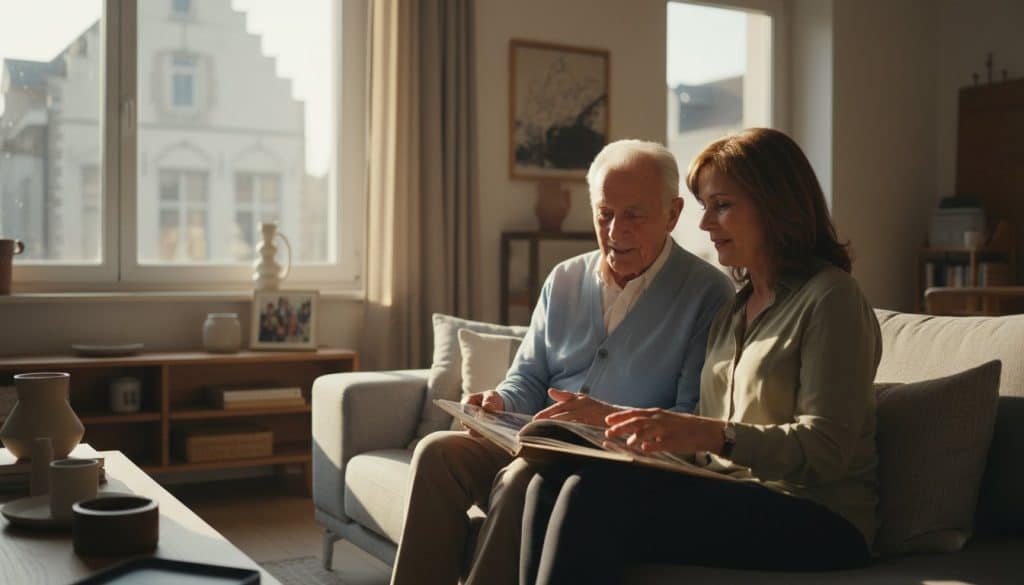 Dochter en oudere meneer zitten op de bank naar oude foto's samen te kijken